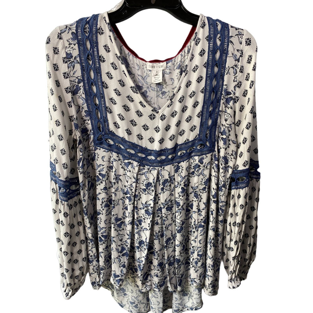 Boho Clover + Scout Womens M Periwinkle Cottage Floral Balloon Sleeve Blouse